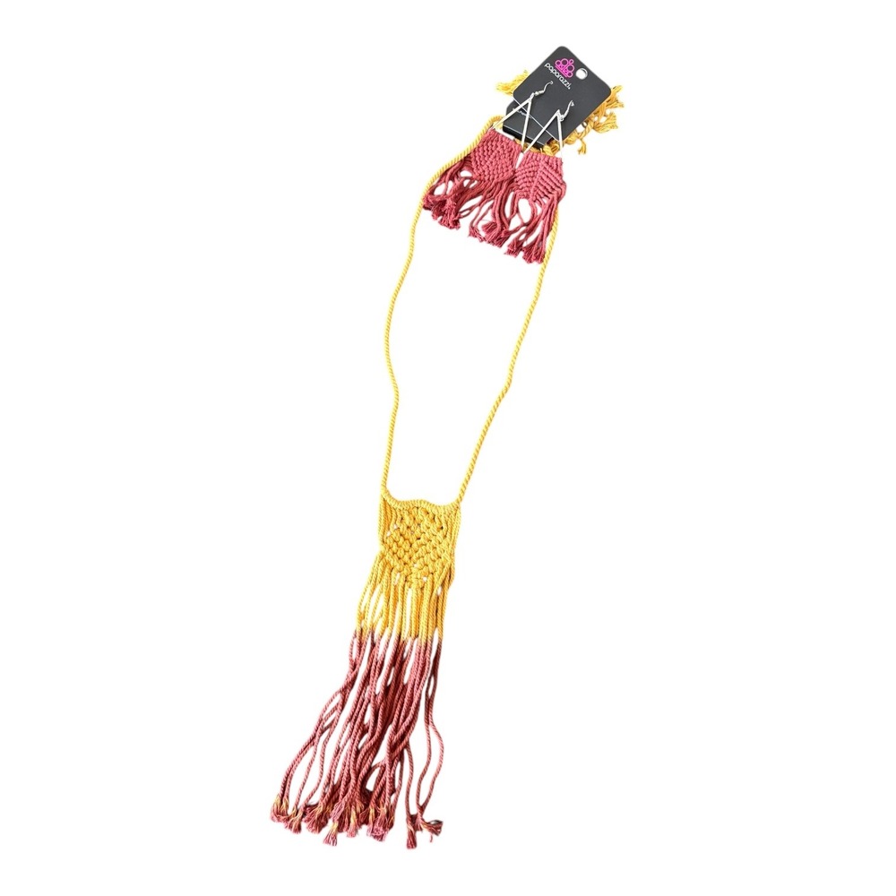Paparazzi Macrame Tassel Necklace and Earrings Set Boho Pink Yellow Dip Dye - Picture 2 of 2